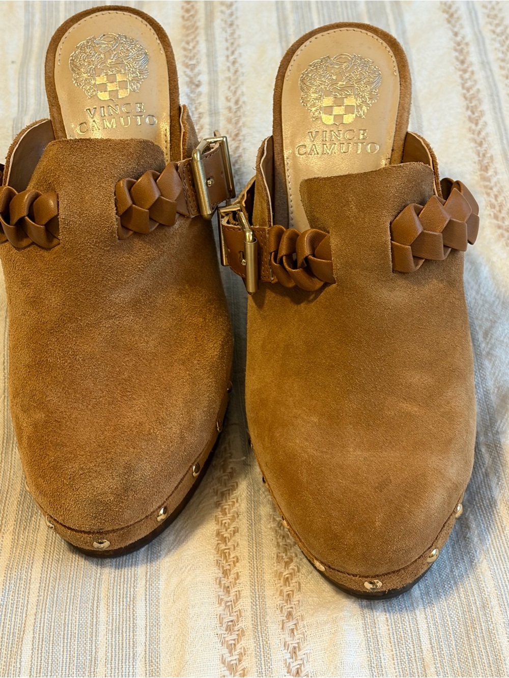 Vince Camuto Tan Suede Braided-Trim Slip-On Clogs